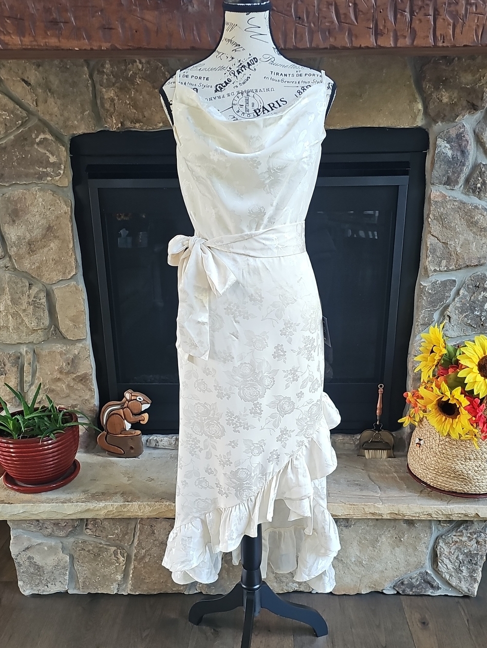 Lulus Ivory Satin Jacquard Floral Cowl Neck Ruffle Hem Midi Dress w Tie Belt NWT
